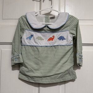 12 Month Embroidered Dinosaur Collar Long Sleeve Green Gingham Shirt Boys